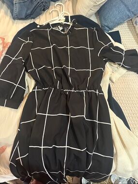 SHEIN Black Windowpane Elastic-Waist Long Sleeve Dress